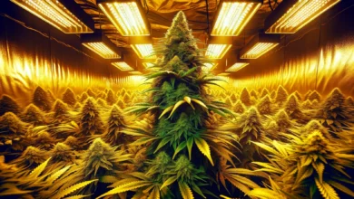 a large cannabis plant in an indoor growing setup, with intense green hues and a yellowish artificial lighting atmospher