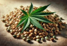 Vibrant green cannabis leaf prominently displayed, with serrated edges, on a scattered heap of beige hemp seeds against a soft-focus wooden backdrop, conveying natural origins.