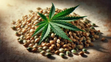 Vibrant green cannabis leaf prominently displayed, with serrated edges, on a scattered heap of beige hemp seeds against a soft-focus wooden backdrop, conveying natural origins.